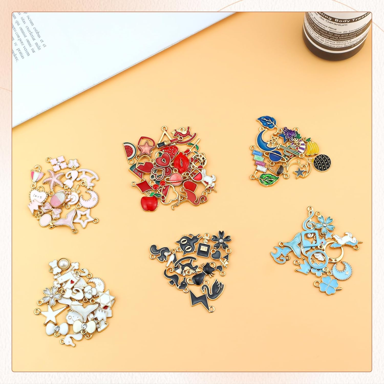 JIALEEY 100PCS Gold Plated Enamel Charms Mixed Moon Star Fruit Animal Charm Colorful Pendant DIY for Necklace Bracelet Jewelry Making and Crafting, Zinc Enamel, Alloy Enamel image number 1