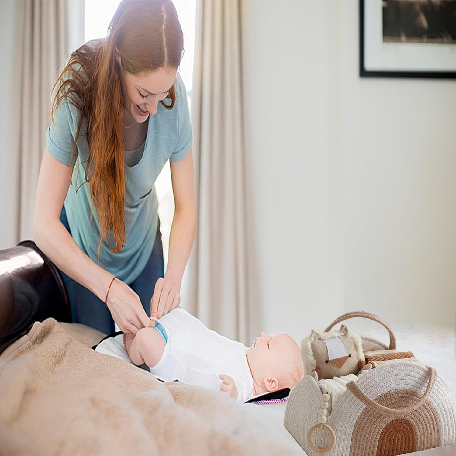 YUEMING Nappy Caddy, Baby Nappy Organiser, Cotton Rope Newborn Essentials Diaper Caddy with Dividers, Portable Baby Caddy Storage Basket, White image number 4