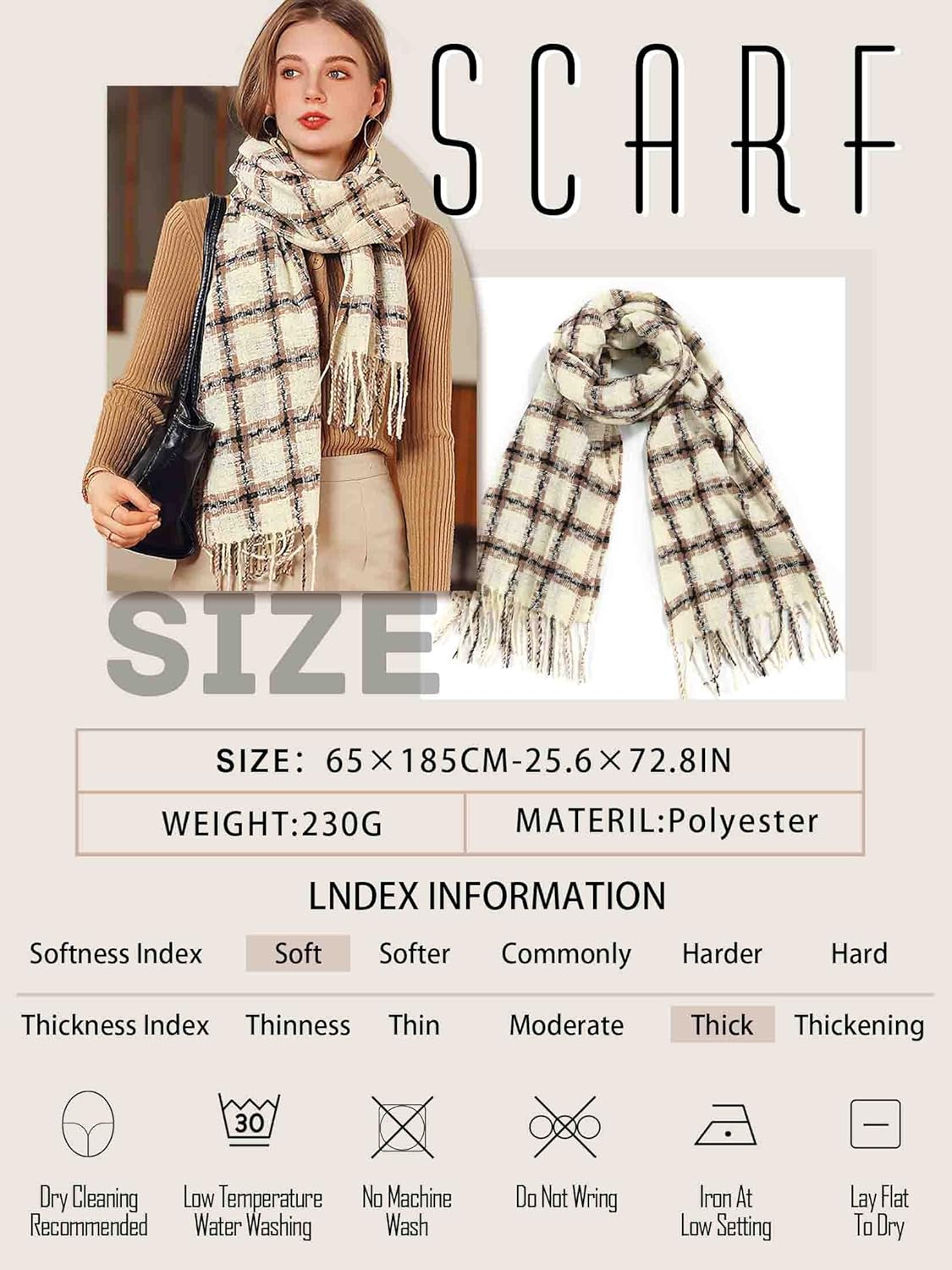 Campsis Winter Scarf Women'S Warm Long Shawl Big Grid Plaid Check Blanket Scarves Fringe Cashmere Feel Pashmina Cozy Shawl Wraps Cold Weather Accessories for Women and Girls, Beige, 7 image number 4