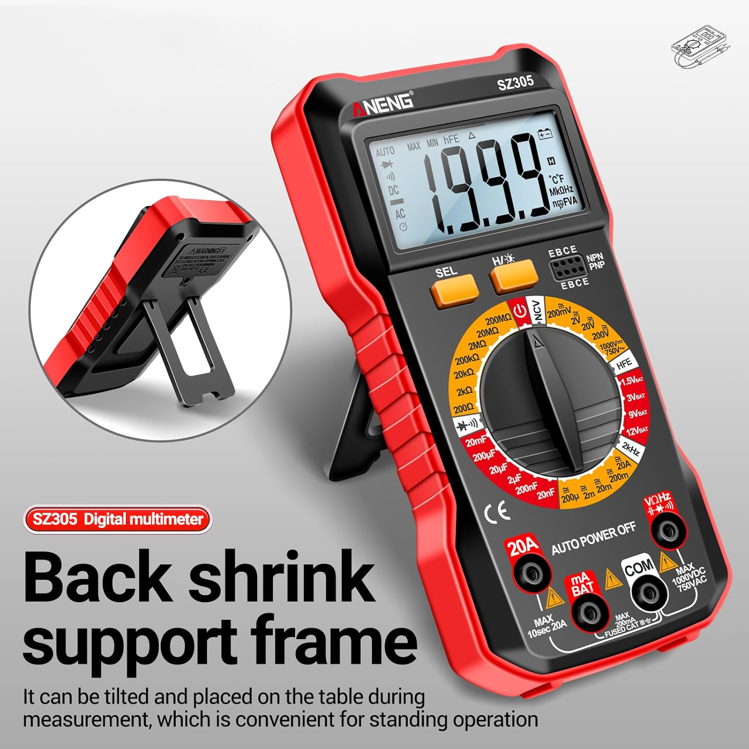 SZ305 Multimeter Capacitor Testers Professional 1999 Counts Smart Voltmeter Ohm Meter Fast Accurately Measures Voltage Current Resistance Capacitor Frequency Diode Hfe image number 6