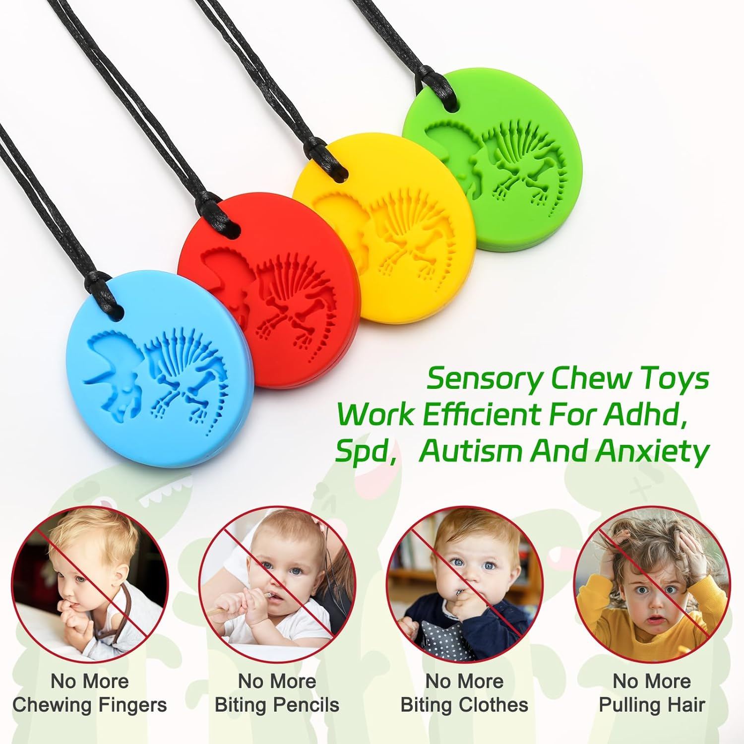 MR.TIMELAG Chew Necklace, 4 Pack Sensory Chew Necklace Bundle for Kids with Teething, ADHD, Autism, Oral Motor Chewy Teether, for Boys&Girls,Silicone Necklace Made from Food Grade Silicone Safety image number 5