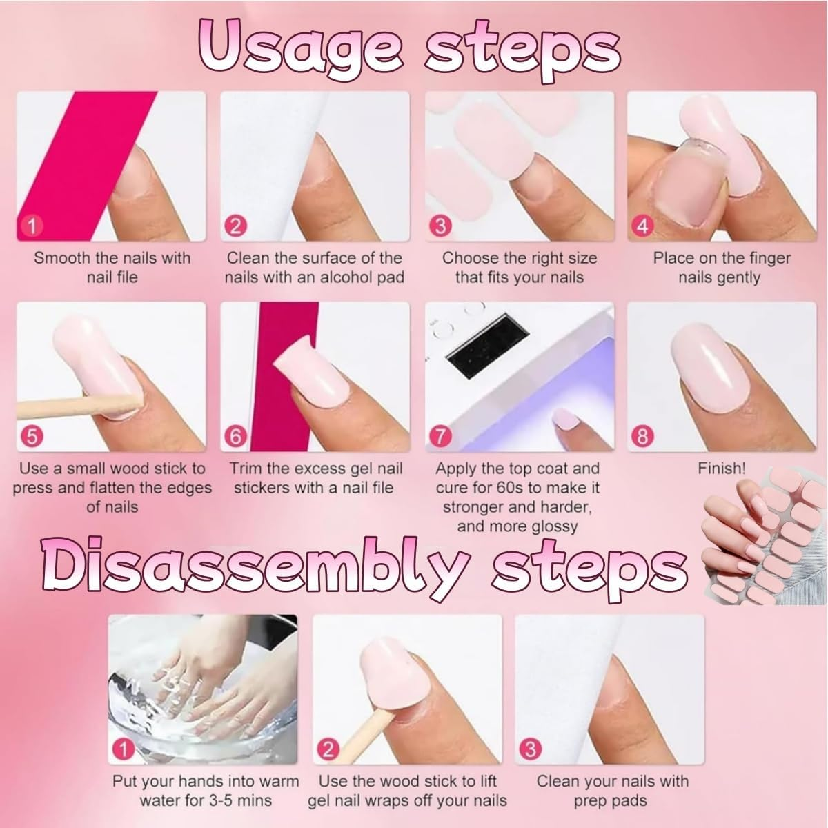 Hpessoterr 4Pcs Solid Solid Color Gradient Full Wrap Nail Polish Stickers,Diy Gel Nails Semi-Cured UV Nail Strips(64Pcs,Pink/Blue-Gray/Light Pink/White) image number 5