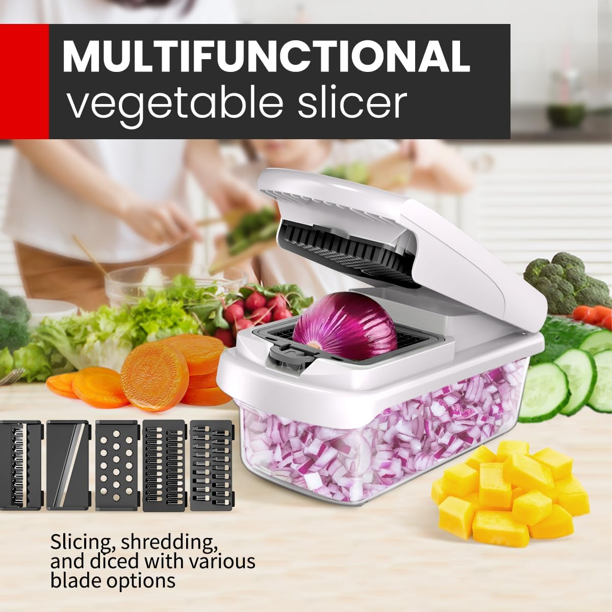 15 in 1 Vegetable Chopper Onion Mandolin Slicer Food Cutter Dicing Machine Cutter Veggie Slicer with 7 Blades Potato Carrot Garlic Chopper, White image number 4