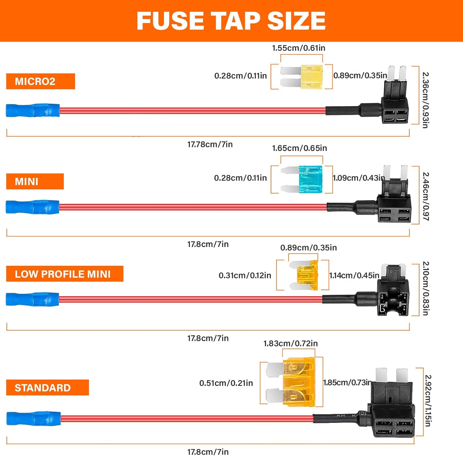 12 Pack 12V Fuse Taps: Add-A-Circuit, Dual-Slot, Easy Install, Compatible with Cars, Trucks, Boats, Includes 3 Standard, 3 Mini, 3 Micro2, 3 Low Profile Mini Taps & 12 Blade Fuses image number 5