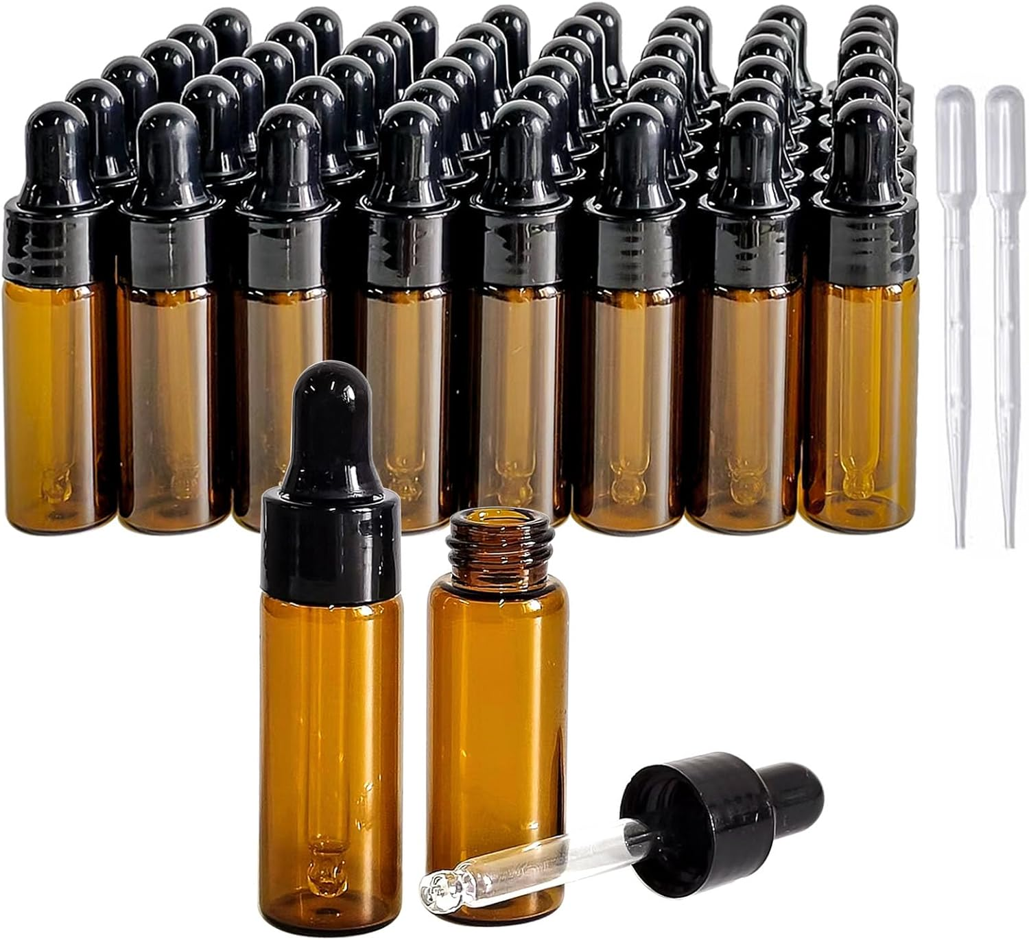 PYAWI 50Pcs 5Ml Sample Dropper Bottles,Amber Glass Dropper Bottles for Essential Oils Sample Cosmetic Perfume Traveling image number 3