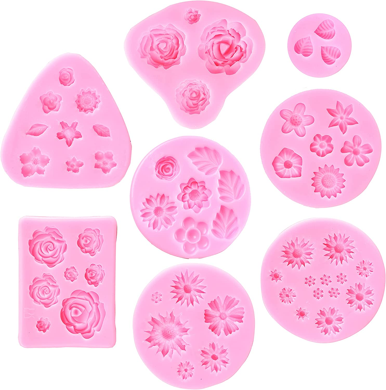Flower Fondant Cake Molds-8 Pcs-Daisy, Rose, Chrysanthemum and Small Flower Leaf, Candy Silicone Molds for Chocolate Fondant Polymer Clay Soap Crafting Projects & Cake Decoration image number 2
