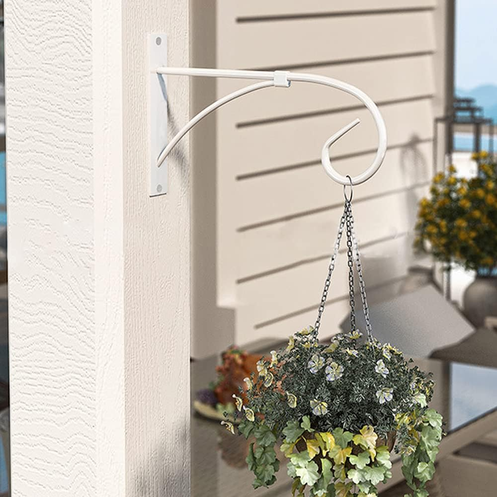 2 Pcs Hanging Basket Holder Flower Hook, Hanging Plant Hooks, Iron Art Garden Wall Hook, Plants Bracket, Outdoor Plants Hanger for Plant Flower Pots Lanterns Bird Feeders (White) - Black image number 2