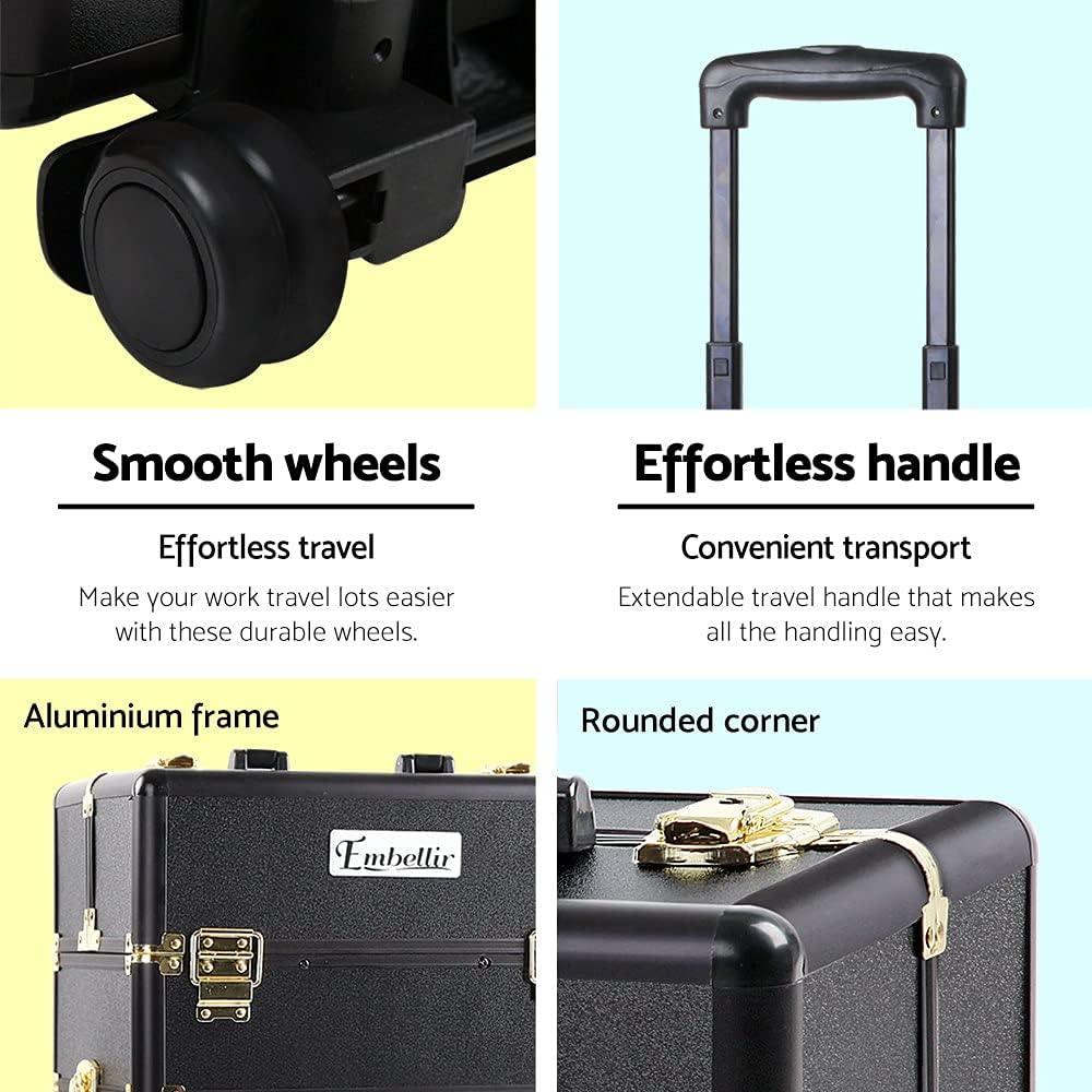 Makeup Case Beauty Trolley Cosmetic Organiser Box Travel Wheels Gold image number 5