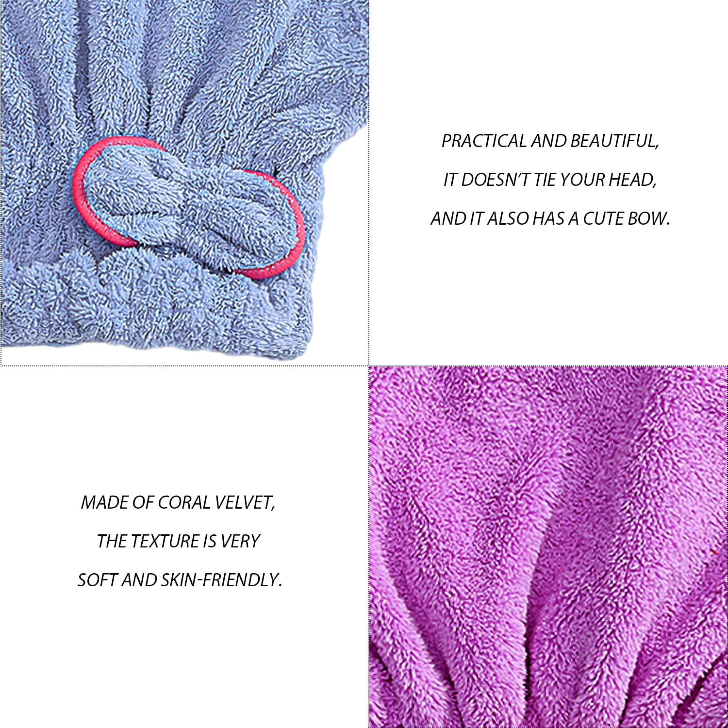 Pack of 2 Blue and Purple Dry Hair Caps and 4 Pieces Blue and Purple Wrist Bands, Fast Absorbing Dry Hair Caps, Practical Wrist Straps, Suitable for Showering. image number 4