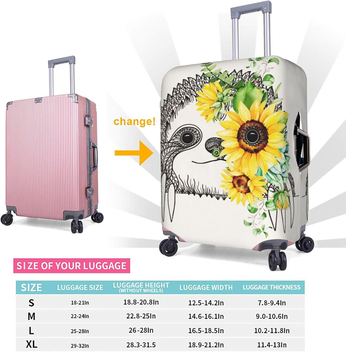 Obabo Serene Coastal Travel Luggage Cover,Washable Suitcase Cover Protector Anti-Scratch Suitcase Cover Fits 18-32 In, Sloth Sunflower, X-Large image number 2