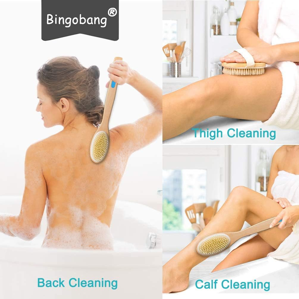 Bingobang Shower Brush for Exfoliating Skin,Wet Dry Body Brush with Long Wood Handle,Bath Back Cleaning Scrubber for Cellulite,Lymphatic Massage,Blood Circulation,Foot Exfoliate Soft Stiff Bristles image number 1