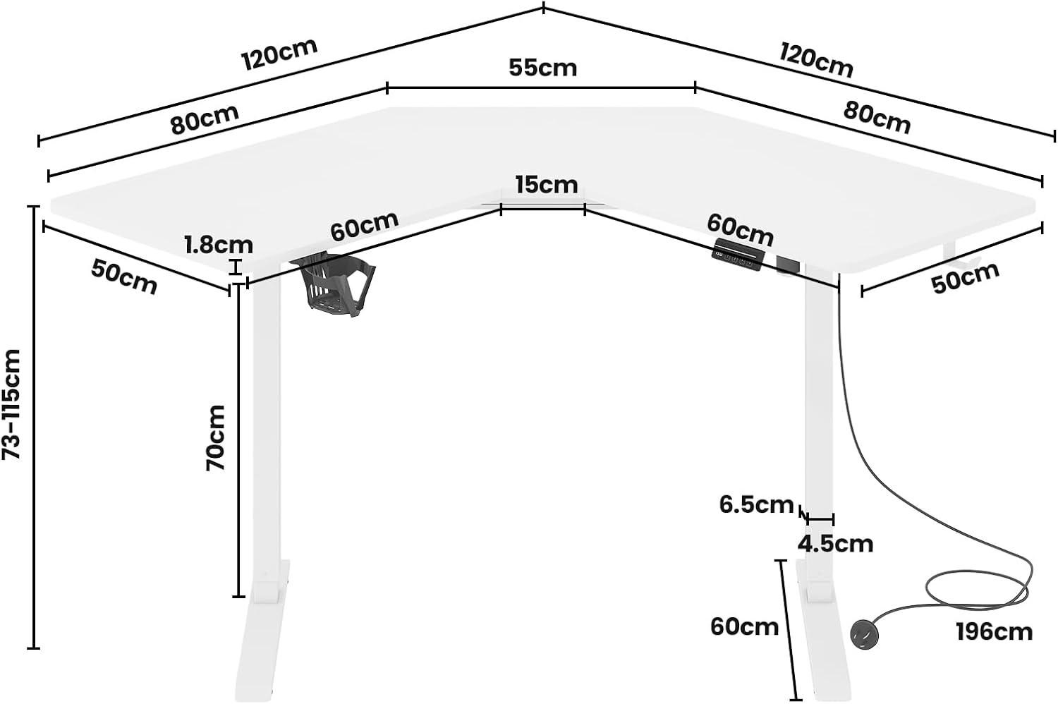Ufurniture L-Shaped Corner Standing Desk,Electric Height Adjustable Stand up Table with 2 Memory Preset Options, Motorised Computer Office Sturdy Workstation with Splice Board,120X 50Cm White image number 3