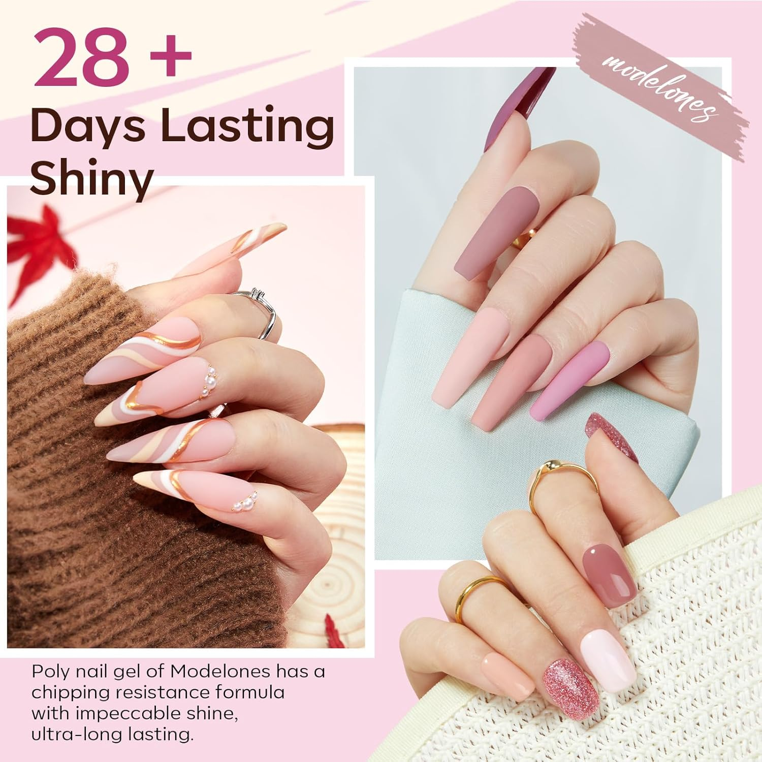 Modelones Poly Extension Gel Kit for Nail, 12 Colors Pink Glitter Nude Tones Poly Nail Gel Set French Manicure DIY Design Nail Art Home Salon Gifts image number 3