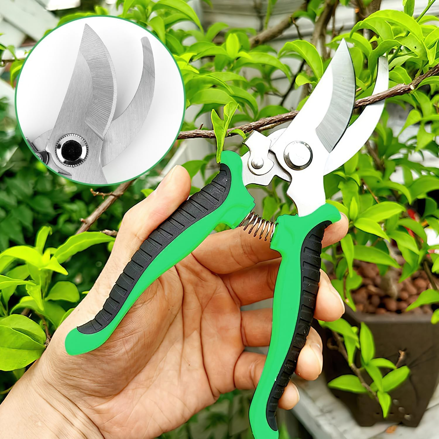 Pruning Shears Steel Blade Garden Shears with Safety Lock, Ergonomic Handles for Tree Trimming, Branch Cutting, Hedges & Plants (Green, 19Cm/7.5") image number 5