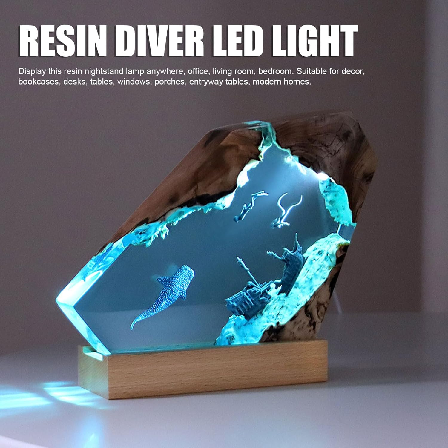 Shark Diver LED Ocean Lamp, 6 Brightness Resin Handmade Wood Light Lamp, USB Power Supply Deep Sea Cave Divers Light, for Office, Desk, Bedroom Decorations image number 6