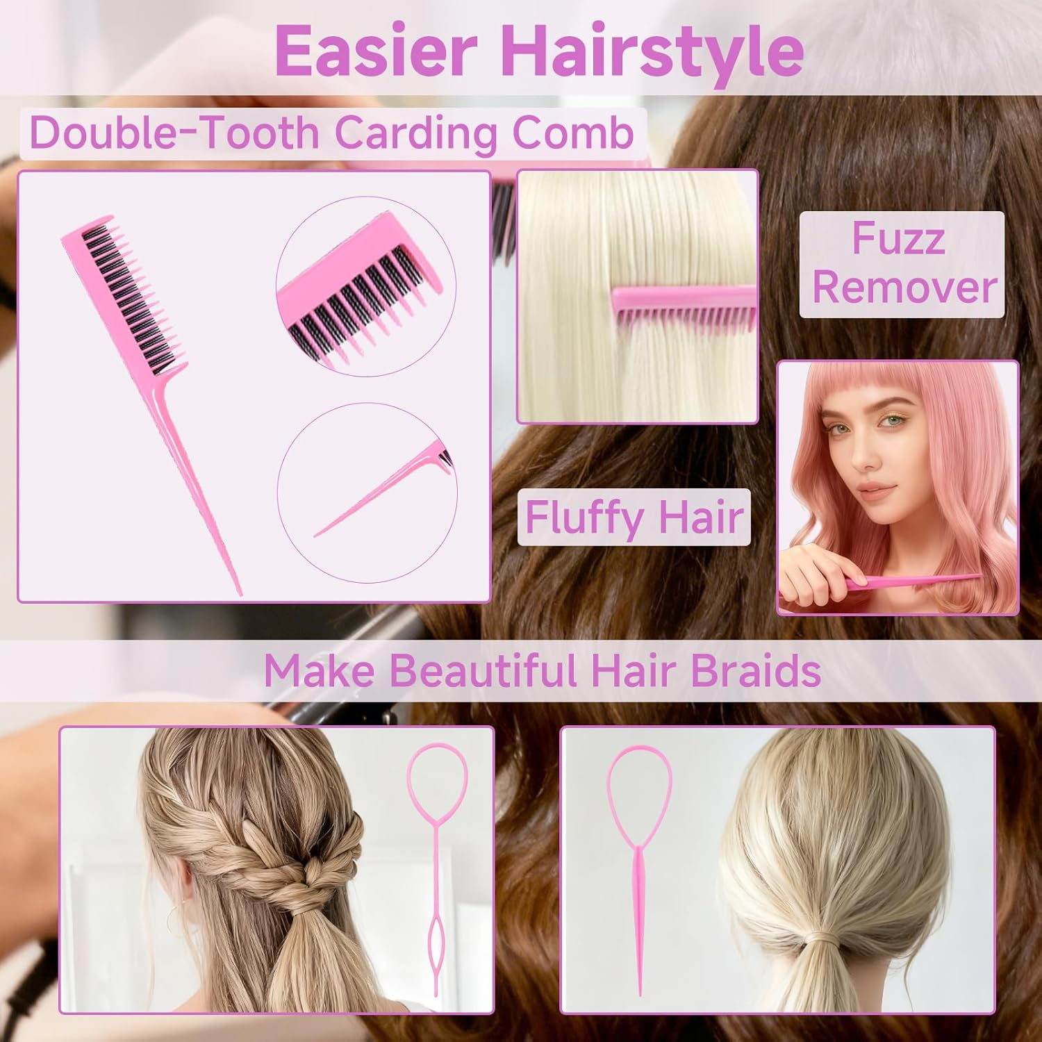 Teccfly 10Pcs Hair Brush Set - Braiding Kit & Hair Supplies,Topsy Tail Hair Tool,Edge&Back&Teasing Brush Rat Tail Comb Styling Tools for Women (Pink) image number 4