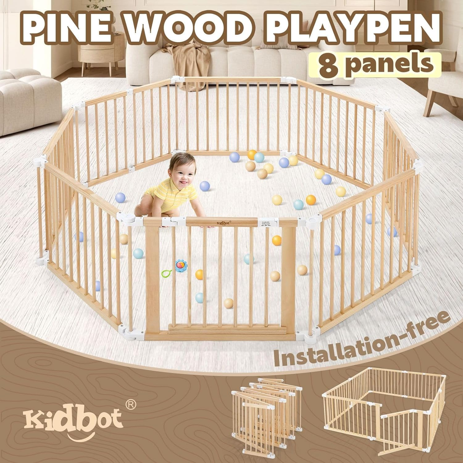 Pet Scene Wooden Pet Playpen Gate 8 Panel for Kids Pet Dog Safety Fence Activity Centre Play Yard Pen Foldable Travel Guard image number 2