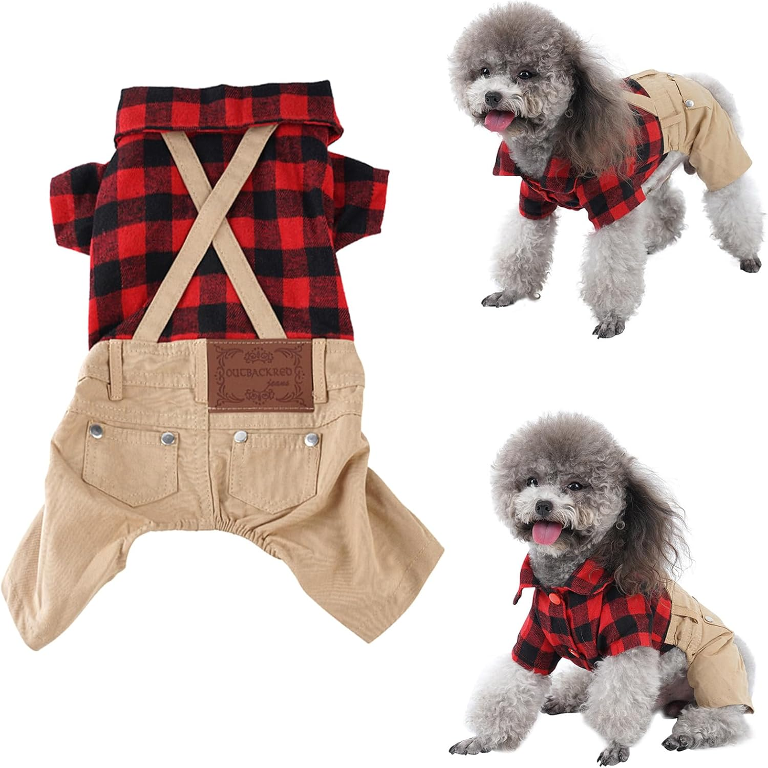 Small Dog Clothes Red Plaid Shirt Khaki Overalls Pants Jumpsuit Outfits Cool Pet Clothes for Small Dogs Cats Boy Girl, Jeans Onesies Pjs Apparel Halloween Christmas Costume Birthday Party Dress image number 4