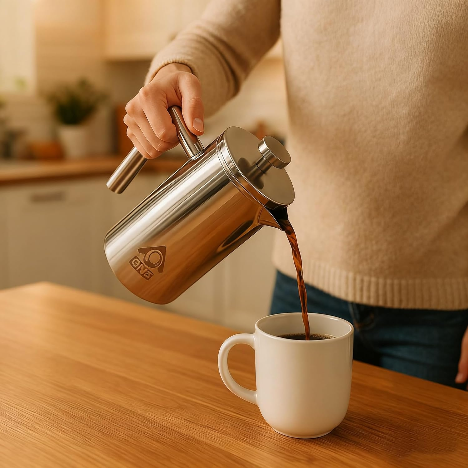 QNA French Press with Coffee Bean Canister Include an Extra Filter (350Ml/2 Cup), 304 Stainless Steel Coffee Plunger Tea Maker with Double Vacuum Insulation, No Coffee Grounds (350ML) image number 3