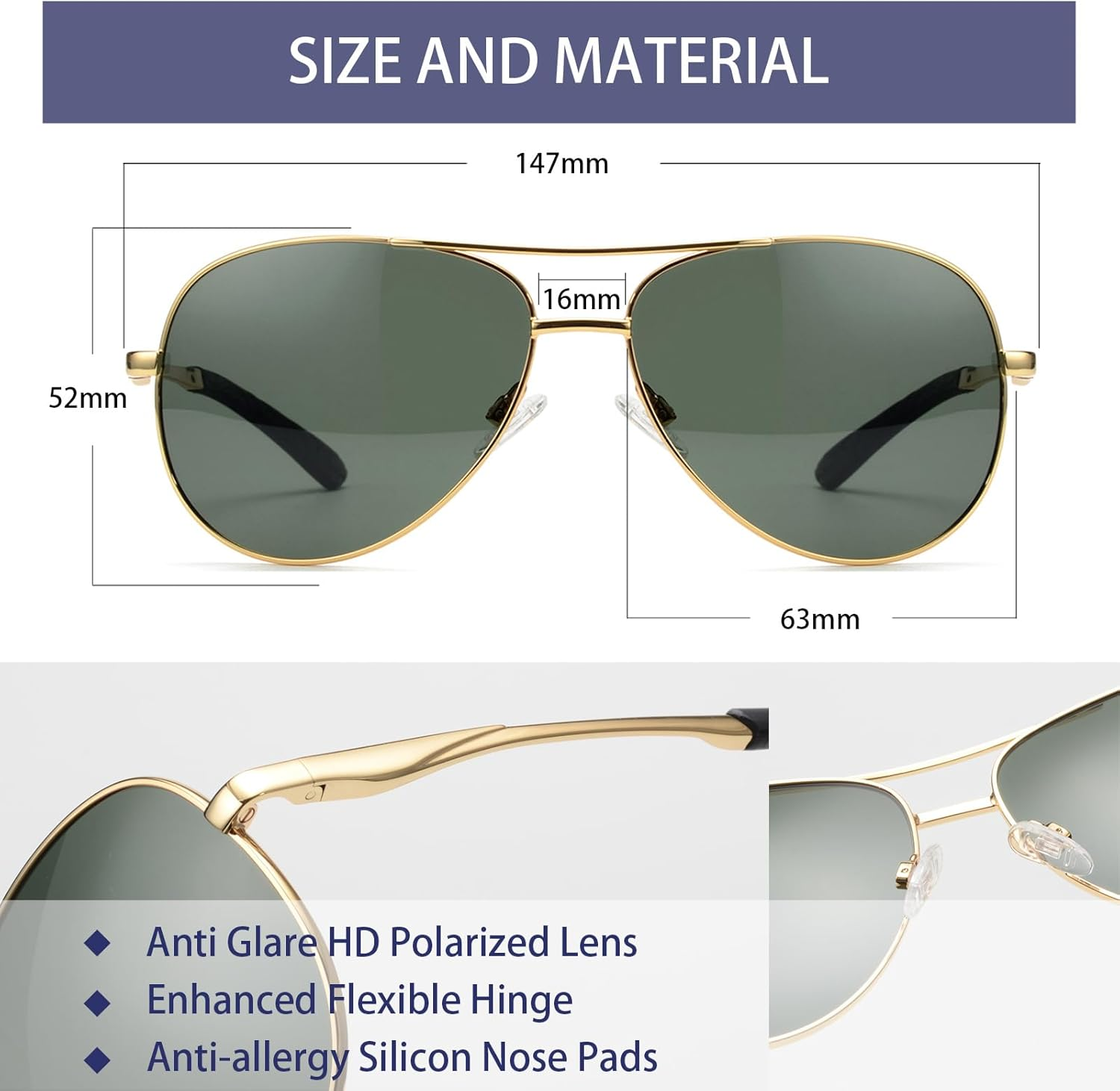 Classic Polarized Aviator Sunglasses for Men, Metal Flexible Shades Comfy Men&rsquo;S Sports Pilot Sun Glasses VF2202 image number 1