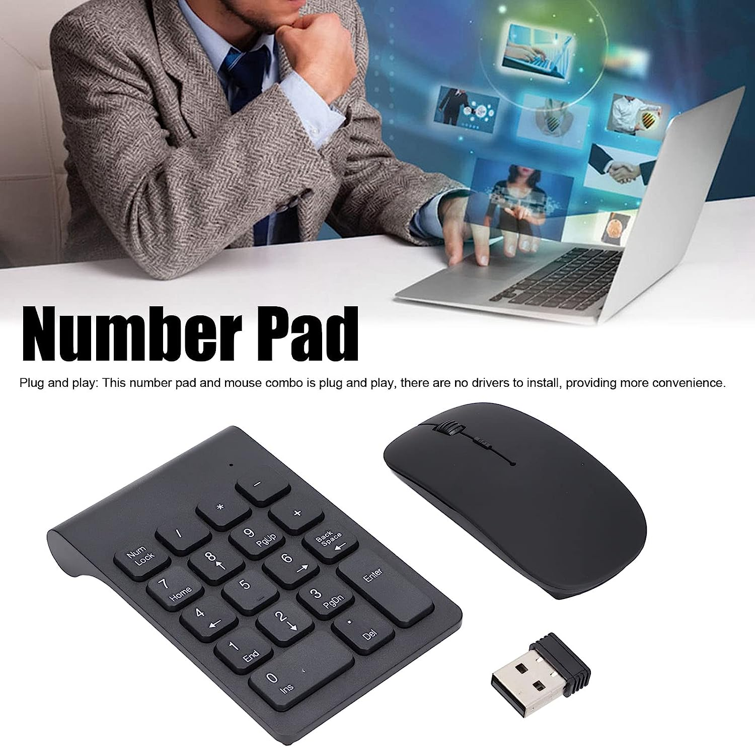 Wireless Number Pad and Mouse Combo, Portable Ultra Slim 2.4Ghz USB Wireless 18 Keys Numeric Keypad and Mouse Set for Laptop, Notebook, Desktop, PC Computer, Plug and Play, Black image number 3