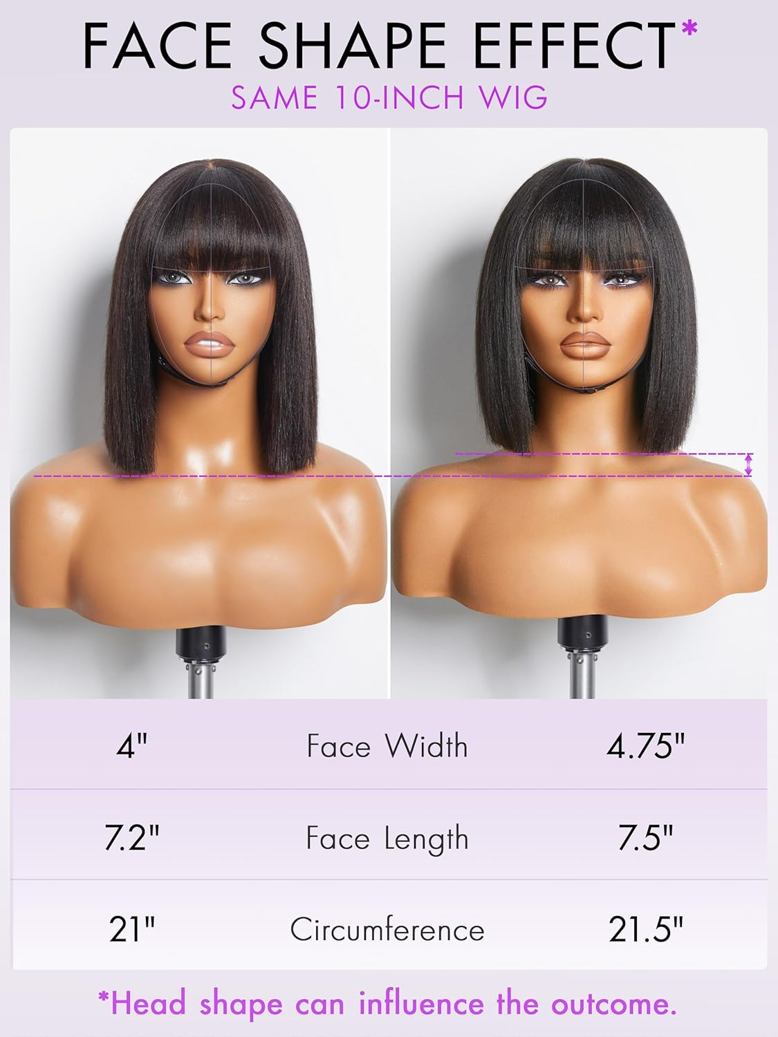 LUVME HAIR 10 Inch Light Yaki Straight Bob Wig with Bangs Human Hair Realistic HD Lace Short Black Bob Wigs, Ready to Go Blunt Cut Bob Wig Glueless 180 Density image number 4