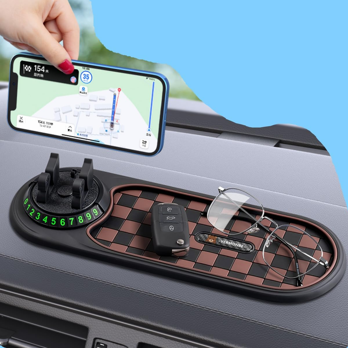 Mobile Phone Stand Holder,360&deg; Adjustable Dashboard Stand with Anti-Slip Pad,Mobile Phone Holder for Car,Includes Parking Number Plate,Car Holder Mobile Phone,Car Mount. image number 5