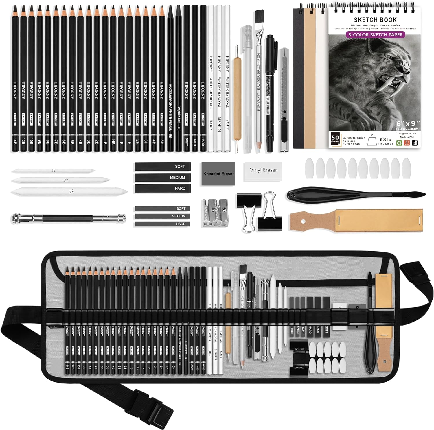 HIFORNY 60 Pcs Drawing Kit Sketching Pencil Set,Sketch Pencils Art Supplies with 3-Color Sketchbook,Graphite,Charcoal,Drawing Pencils for Adults Artists image number 5