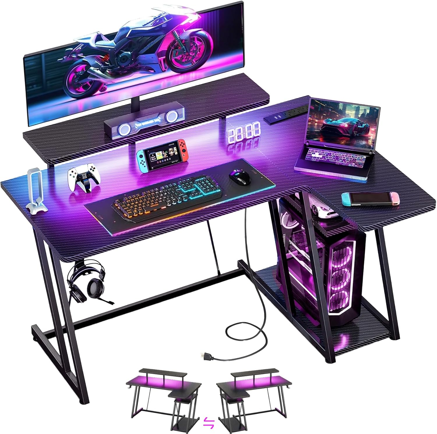 Gaming Desk with Power Outlet & 20 Color LED Light Strip,100 * 65 * 75Cm, L Shaped Corner Desk with Monitor Stand for Small Space, Computer Desk with Reversible Storage Shelves image number 6
