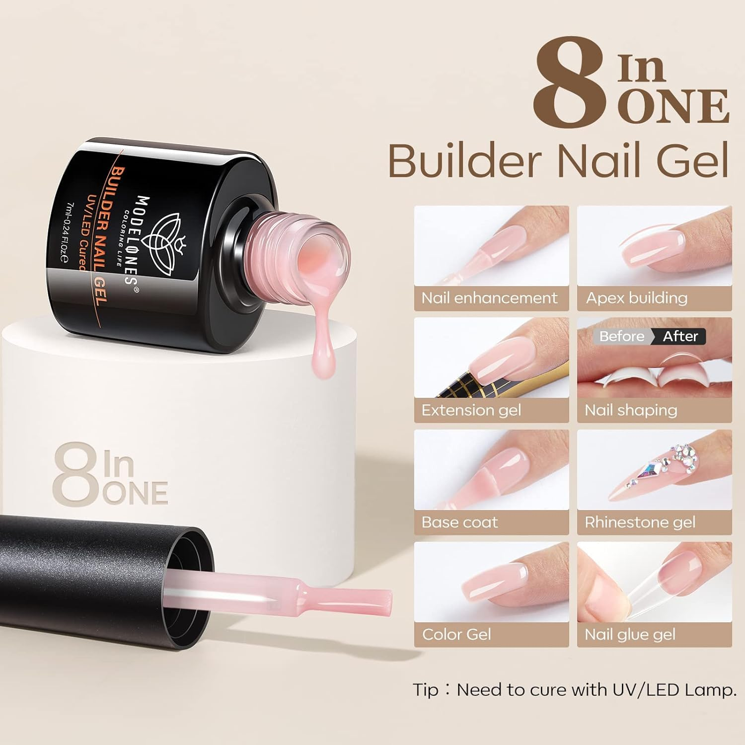 Modelones Builder Nail Gel 6 Colors, 8-In-1 Gel Builder Set for Nails, Hard Gel Builder Nail Strengthener Extension Color Gel Base Gel Rhinestone False Nail Tips Glue Gel in a Bottle for Women Gifts image number 4