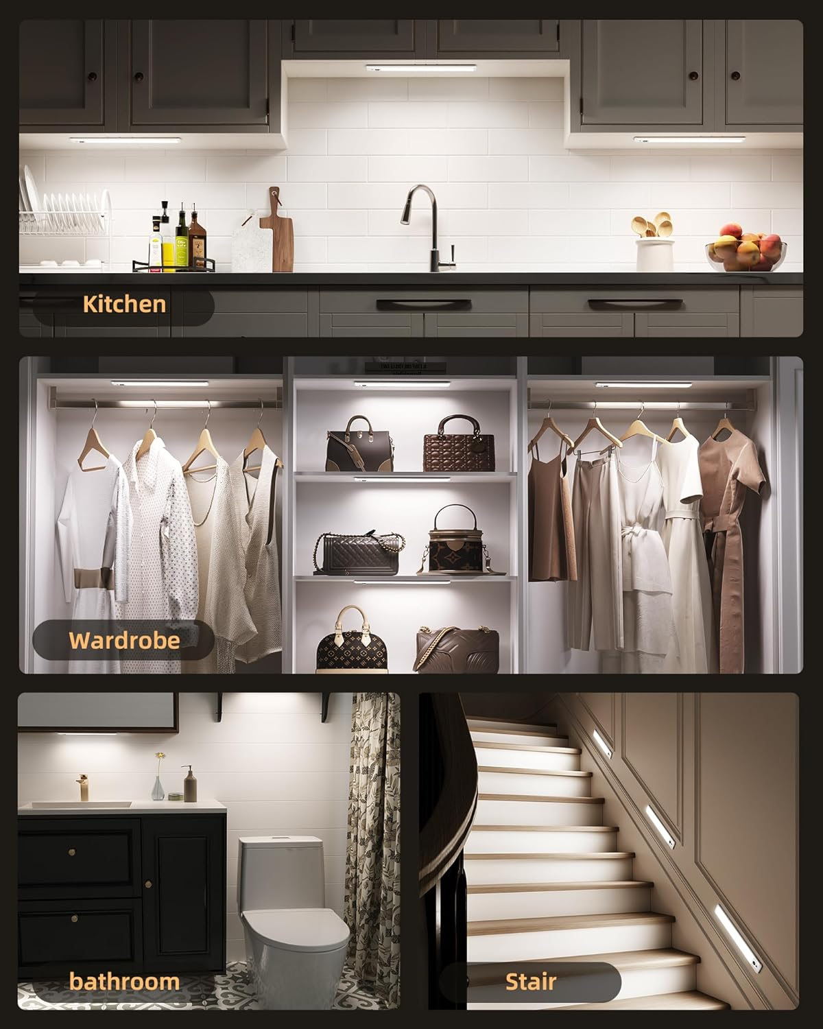 EZVALO under Cabinet Lights, LED Closet Lights Wireless USB Rechargeable, Motion Sensor Lighting Indoor 5700K Dimmable with Remote Control and Magnetic Install for Wardrobe/Stairs/Hallway (23CM) 3 Pcs