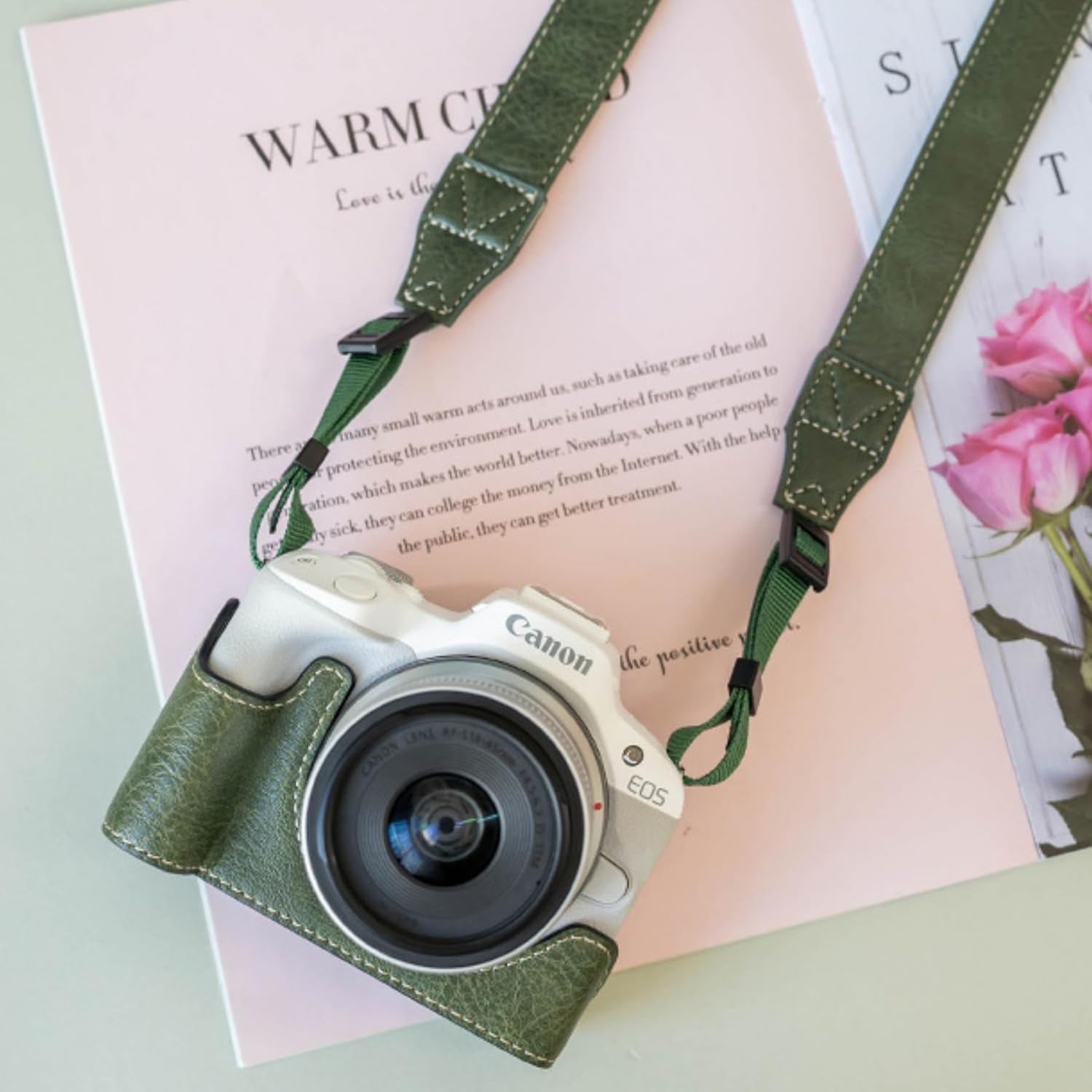 EOS R50 R100 Case, Retro PU Leather Protective Case for Canon EOS R50 R100 DSLR Camera, EOS R50 R100 Camera Case Bag, with Bottom Opening & Shoulder Strap. (Green) - Green image number 4