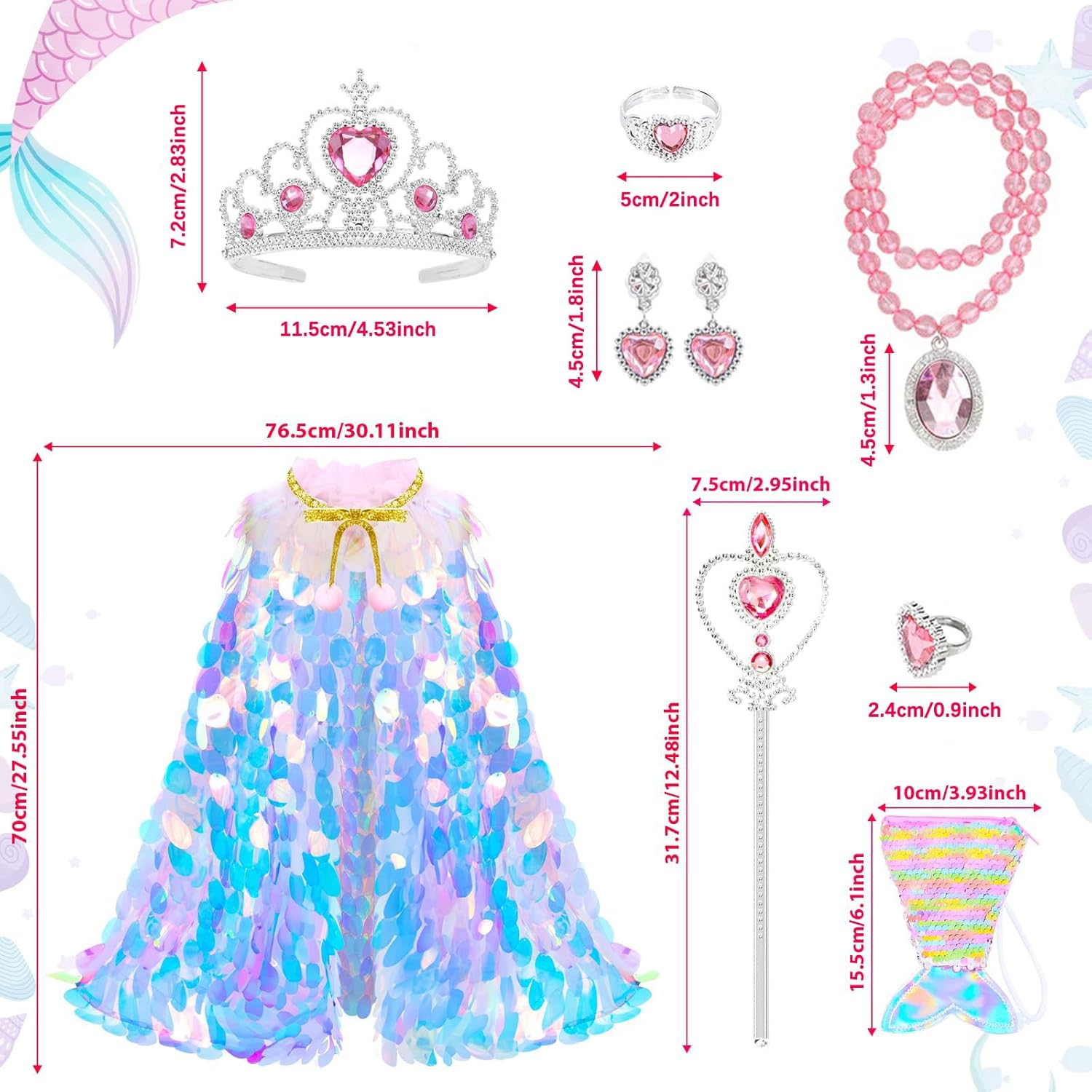 MOTYYA Princess Dress up Clothes for Girls, 9Pcs Rainbow Mermaid Cape Kit Princess Dress up Costume Toys Gift Set for Little Girls 3-8 Years Old, Party Favors Birthday Great Gift Set