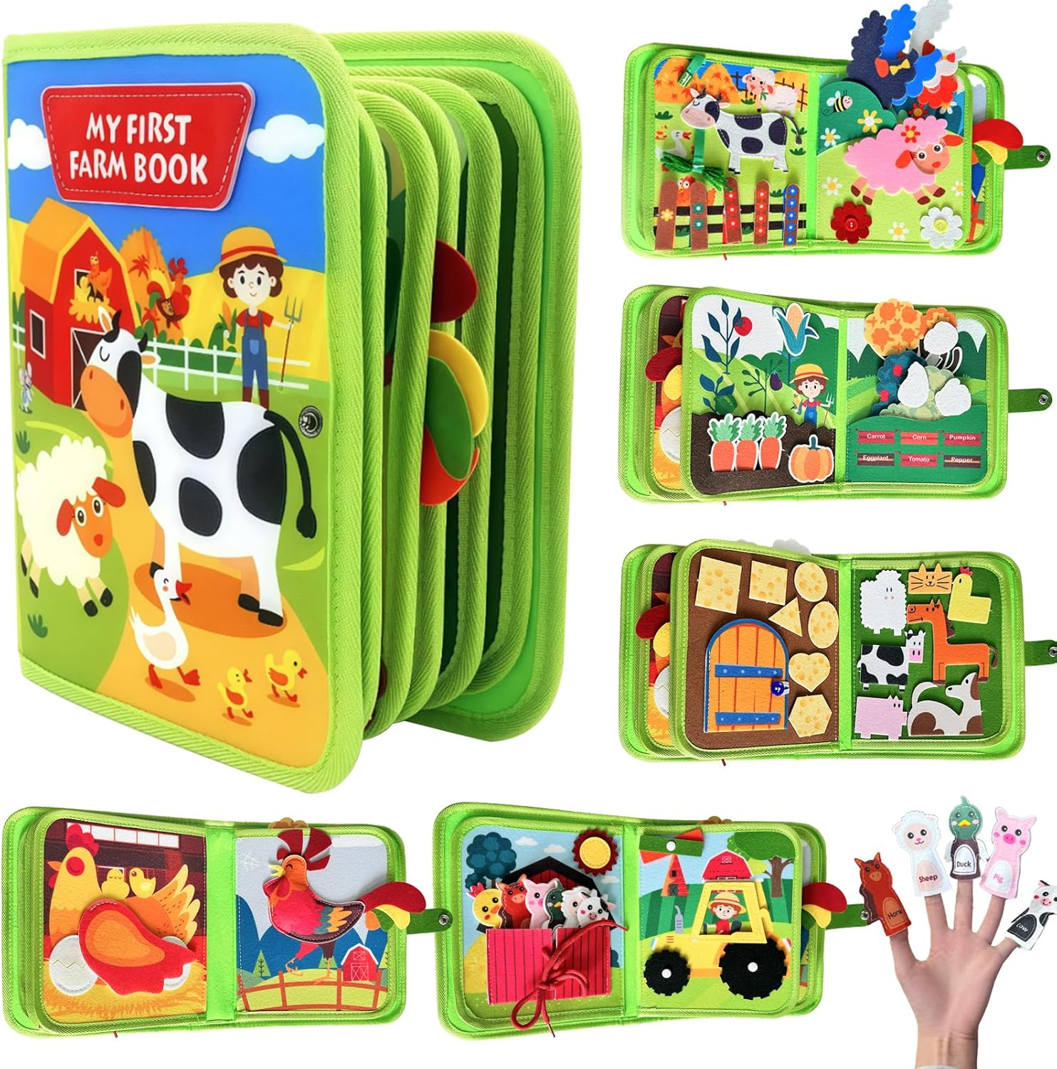 Toddler Busy Book, Farm Animal Theme Quiet Busy Books with Cognition, Sorting, Matching Function, Soft Felt Material, Montessori Busy Book for 3+ Years Old Boys Girls (Green)