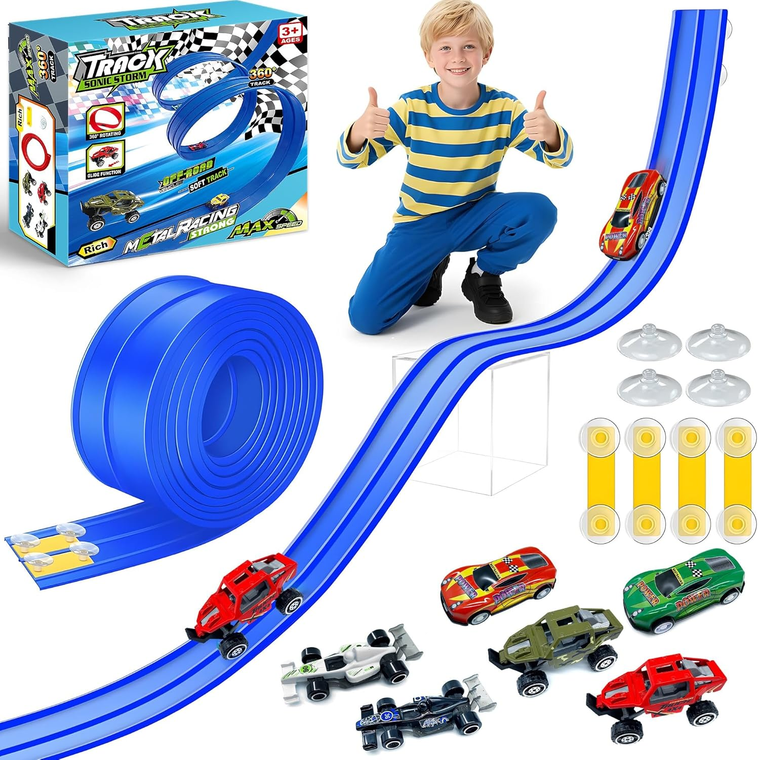 16Ft /500Cm Flex Tracks Car Track Set &ndash; Flexible Race Car Ramp Track with 6 Small Racecars &Suction Cups, Compatible with Hot Wheels &1:64 Diecast Vehicles, Portable Roll-Up Racetrack for Kids Ages 3+
