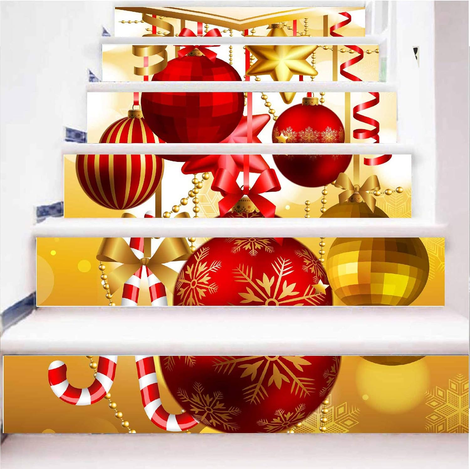 3D Christmas Stairway Sticker PVC Self-Adhesive Home Stairs Risers Stickers Removable Staircase Decals Vinyl Wall Stickers (Set of 6, Reindeer)