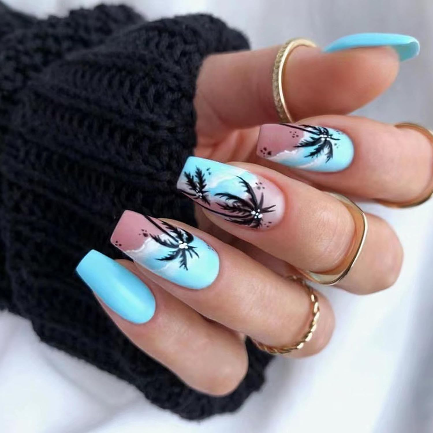 24 Pcs Coconut Tree Fake Claws Gradient Faux Glossy Full Cover Stick on Long Press On image number 6