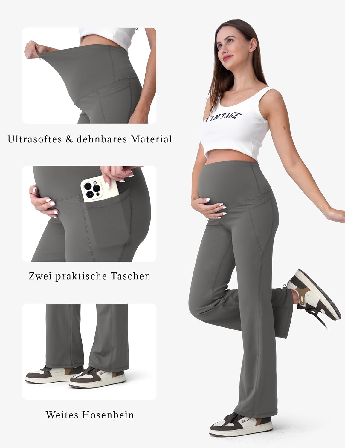 SUNNYBUY Women'S Sports Pregnancy Leggings Opaque Yoga Trousers for Pregnant Women, Bootcut Maternity Trousers over the Stomach, High Waist Leggings with Pockets image number 5