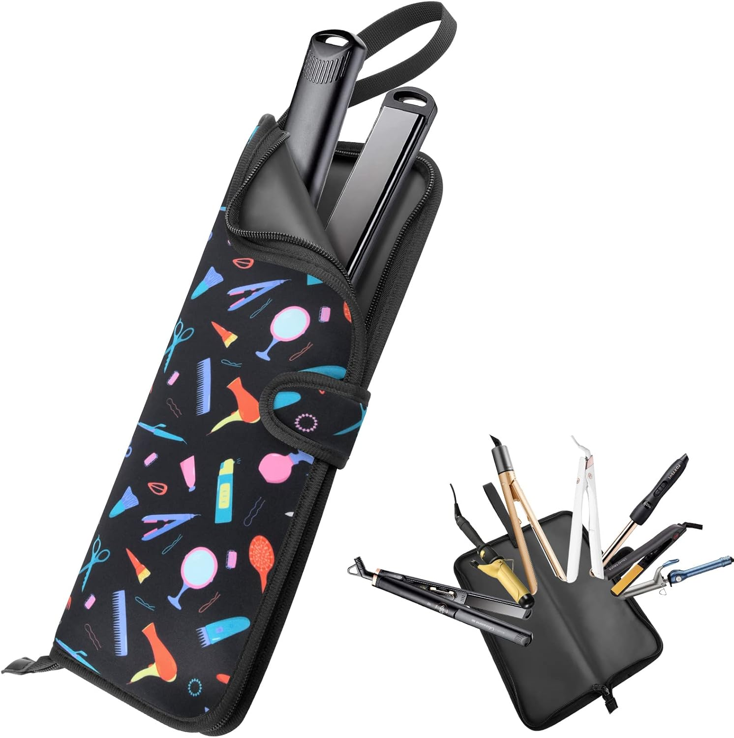 Heat Resistant Flat Iron Case, Portable Hair Straightener Pouch, Curling Iron Neoprene Cover with Silicone Mat for Hair Styling Tools 13 X 5 Inches (Black)