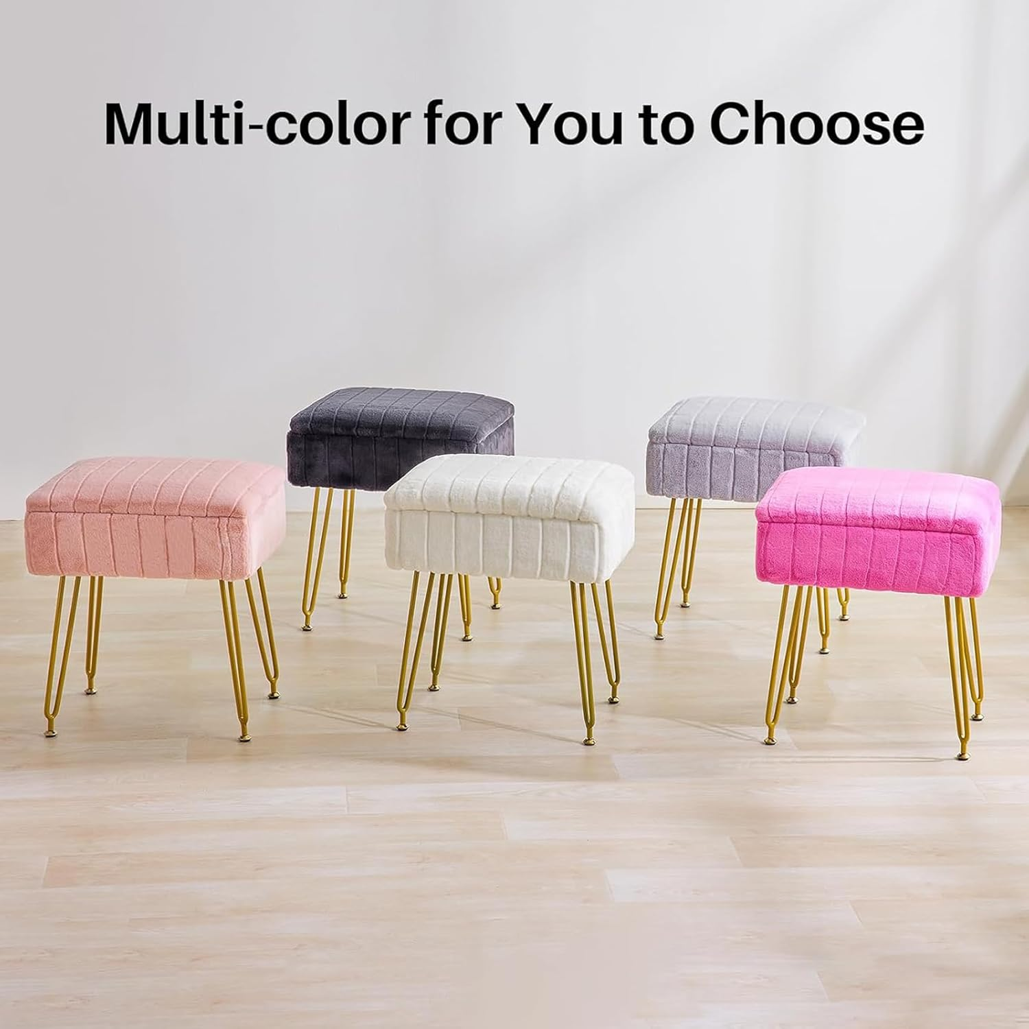 Pink Vanity Stool Chair, Faux Fur with Storage Vanity Stool with 4 Metal Legs, Modern Vanity Chair for Makeup Room and Bedroom, 40 * 30 * 50Cm image number 2