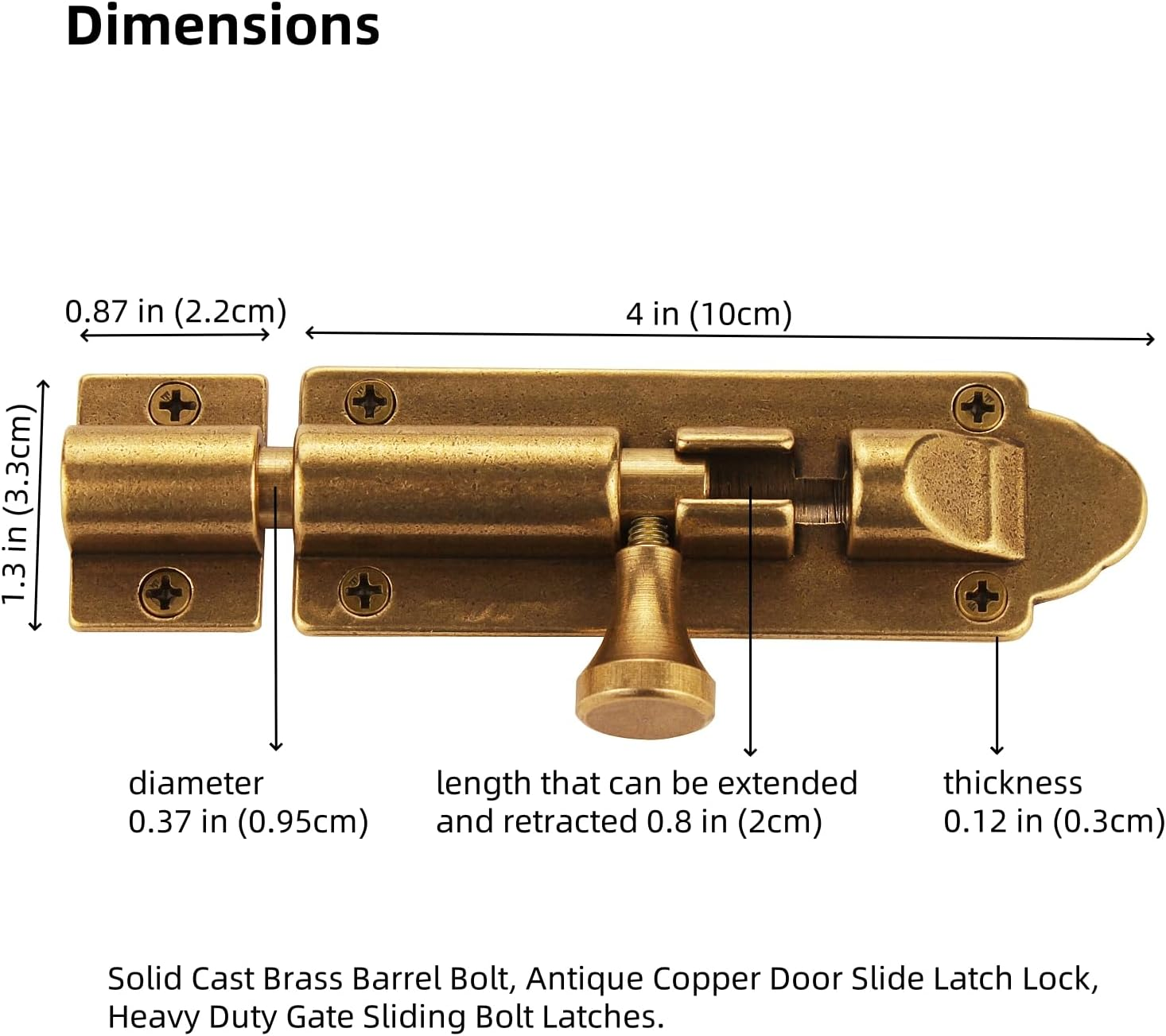 Runningfish Solid Cast Brass Barrel Bolt, Antique Brass Door Slide Latch Lock, Heavy Duty Gate Sliding Bolt Latch (Antique Bronze) image number 4