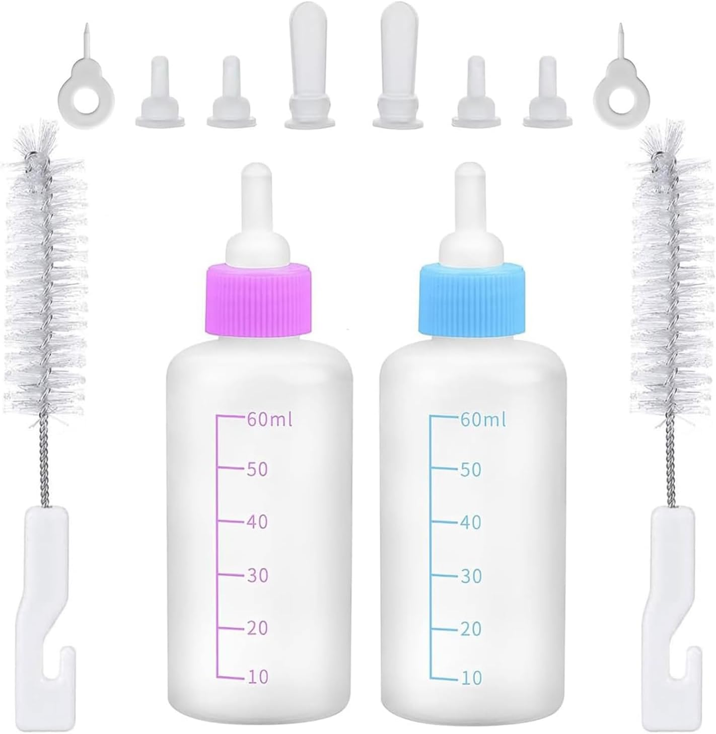 UQMIQURA Pack of 2 Cat Breeding Bottles, 60 Ml Cat Bottle Set, Pet Baby Bottle Kit with Cleaning Brush and Replacement Nipples, Breeding Bottle Pet Milk Bottle for Kittens image number 3