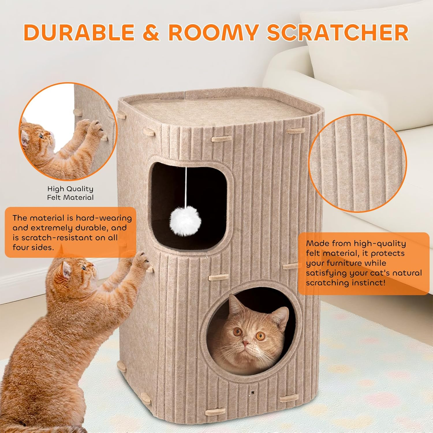 Cat House for Indoor, 2-Tier Cat Cave Beds, Pet Cat House Foldable, Hideaway Cube with Scratch Pad, Ball Hanging and Cushions, for Multi Small Pet Kitten image number 6