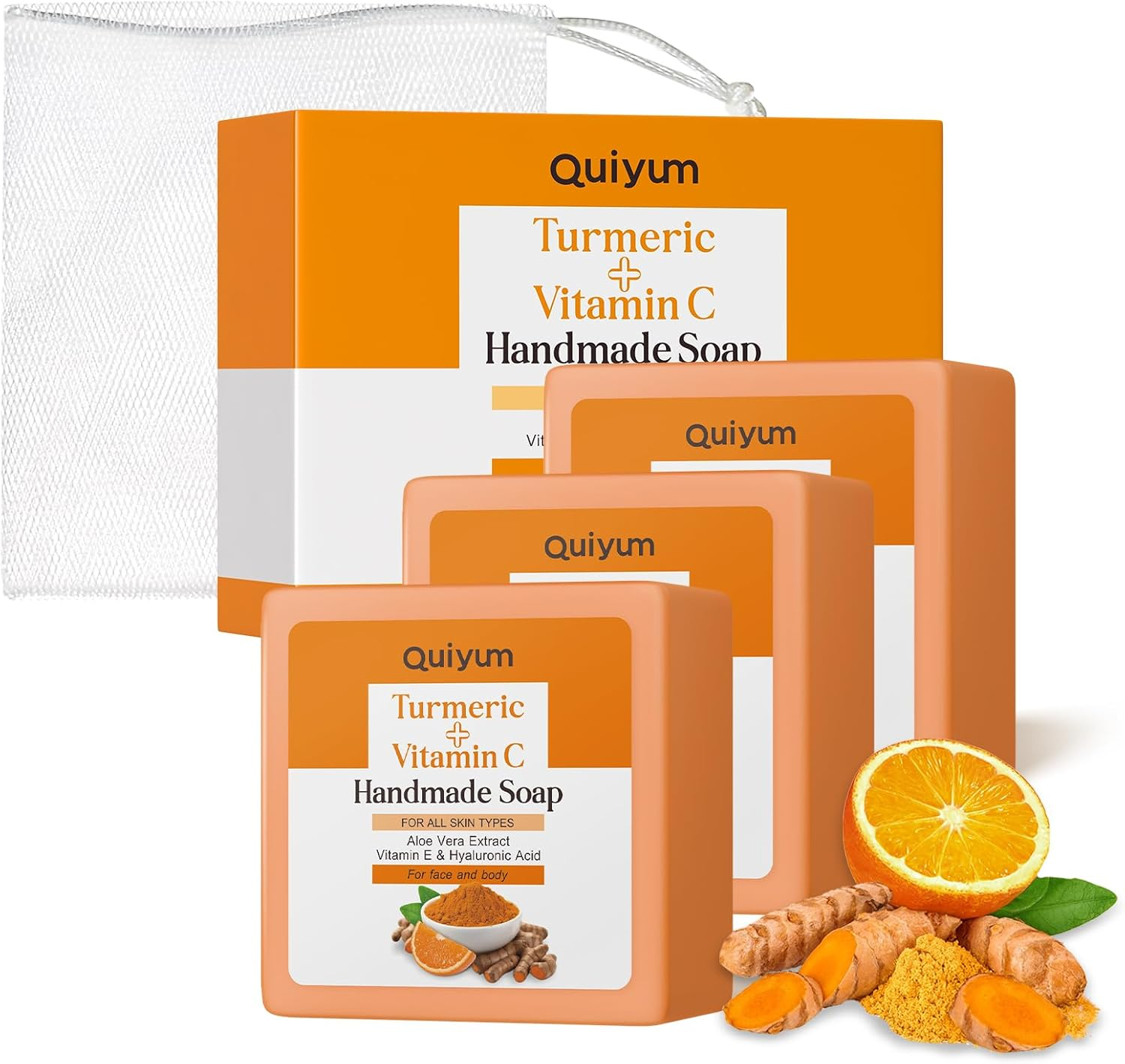 Quiyum Turmeric & Vitamin C Soap Bar (3X120G), Face & Body Cleanser with Aloe Vera, Vitamin E, Collagen & Hyaluronic Acid for Even Skin Tone, Dark Spot, Acne & Smooth Skin, with a Foaming Net