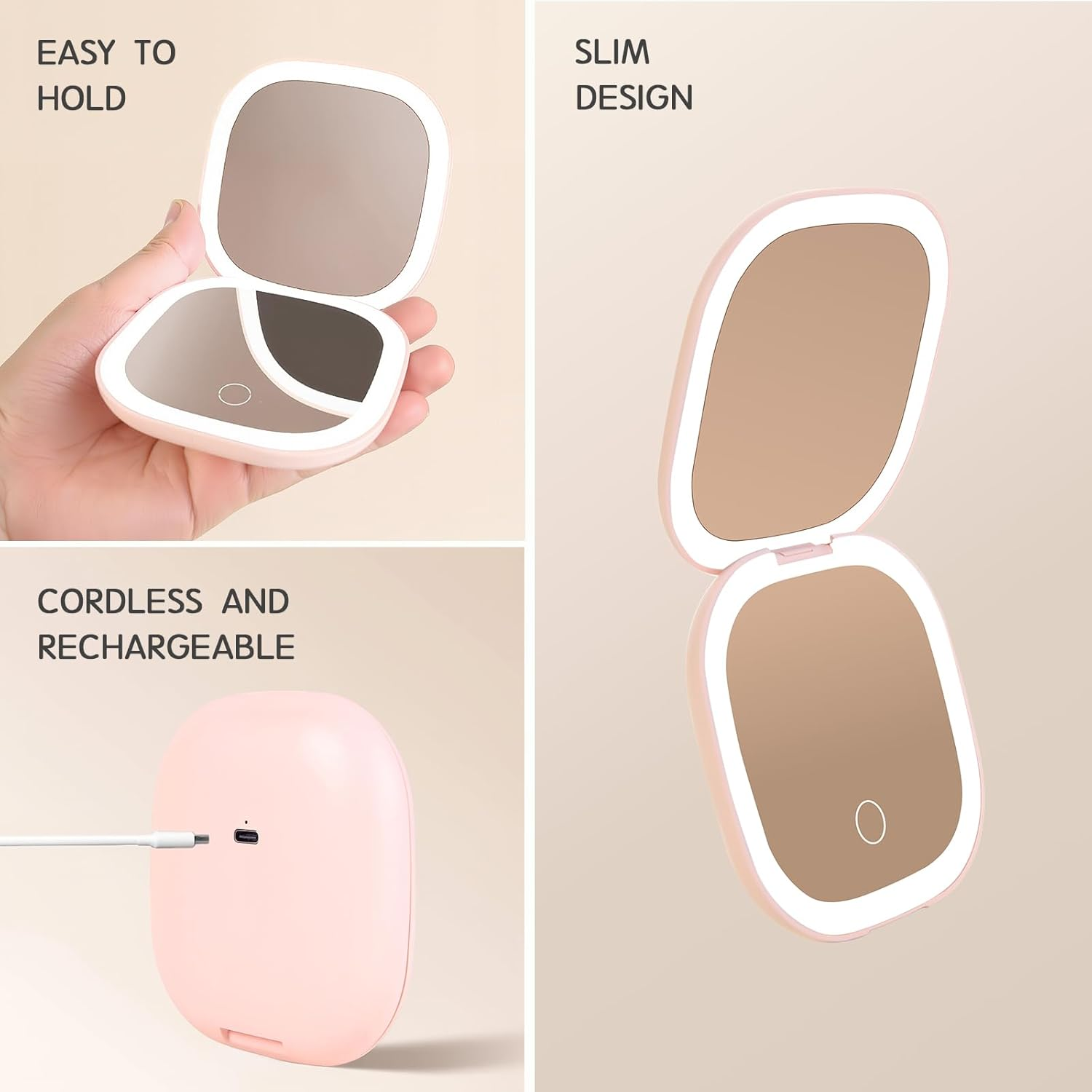 Comfycottage LED Lighted Travel Makeup Mirror Rechargeable USB Portable Compact Mirror with 5X Magnification, Double-Sided Touch Sensor, 3 Adjustable Modes, Handheld/Pocket Mirror for Women (Pink) image number 3