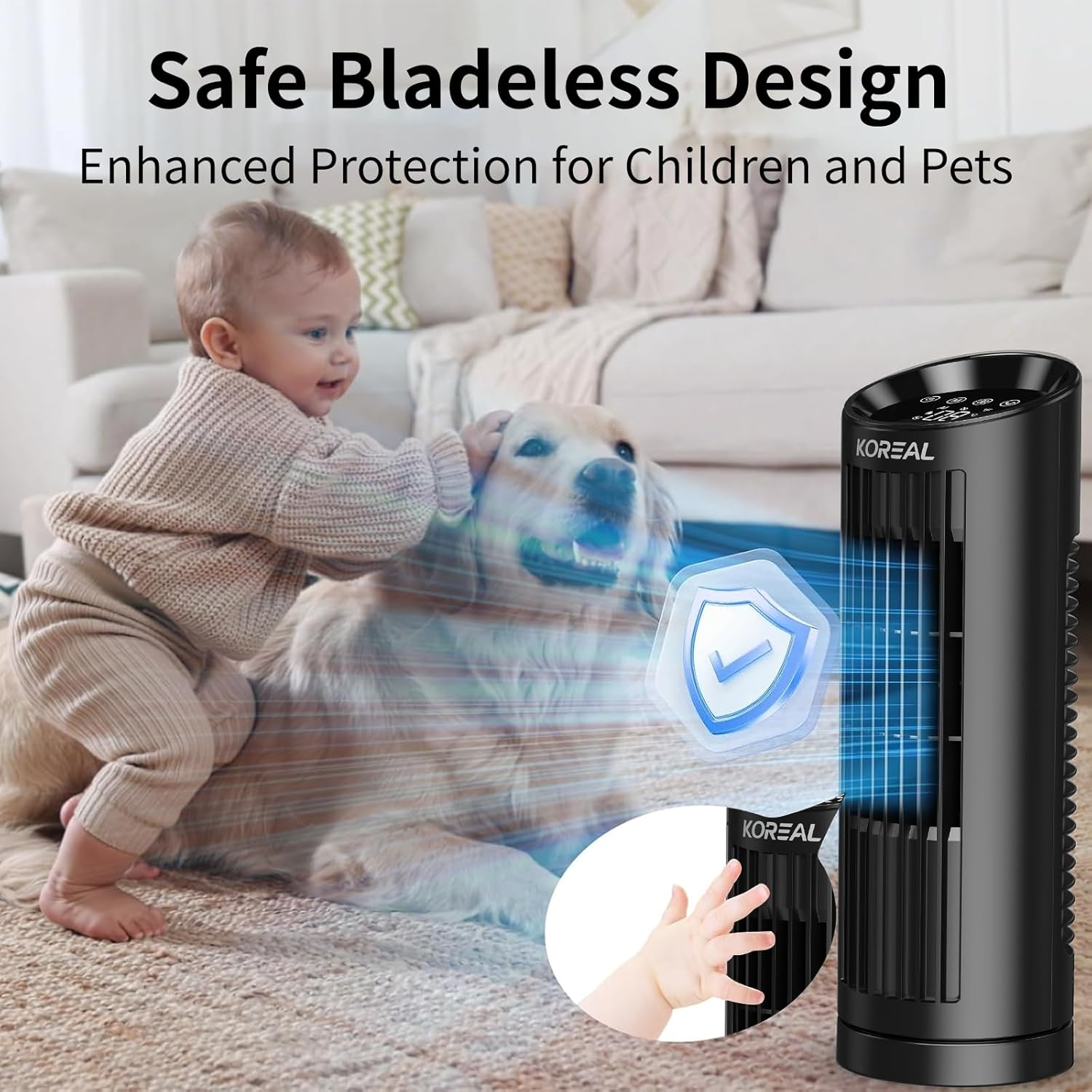 Koreal Desk Fan, 33Cm Quiet Cooling Tower Fan for Bedroom, 4 Speed, 3 Mode, 12H Timer, Digital Touch Screen, Safe Bladeless Table Fan for Home Desktop Office image number 1