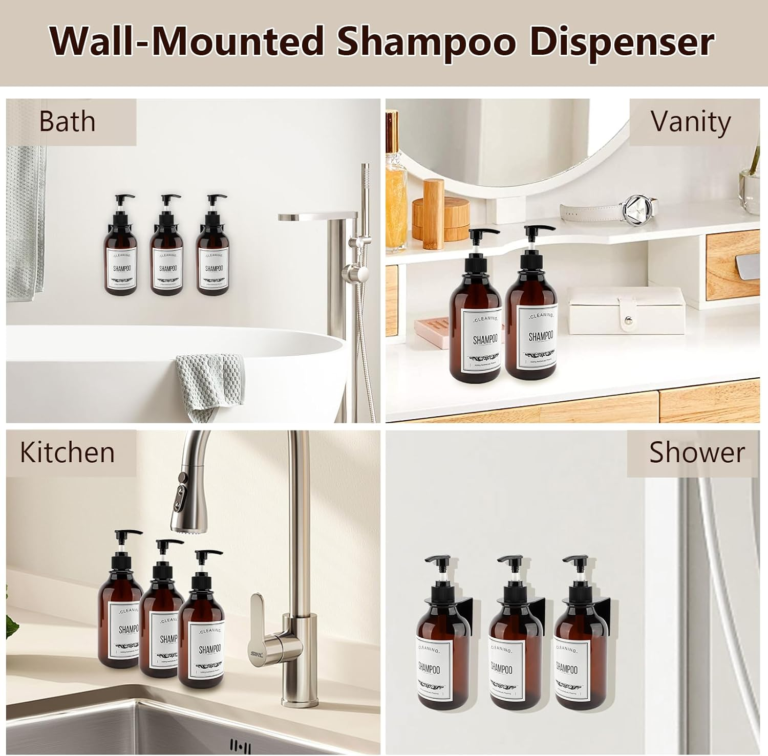 3PCS 16.9Oz Wall-Mounted Shampoo Dispenser, No Drill Bathroom Shower Soap Dispenser, Shampoo and Conditioner Dispenser with Waterproof Labels, for Home Bathroom image number 3