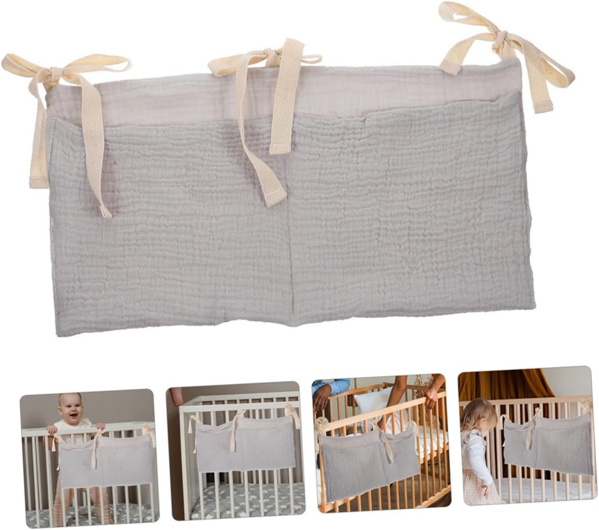 2Pcs Bedside Organizer Soft Cotton Crib Storage Bag with Dual Pockets Care for Efficient Toy and Supply Management Grey image number 3