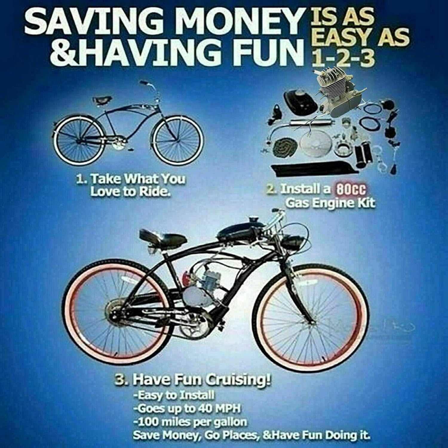 TDR 80Cc Motorized Bicycle Engine Kit 2 Stroke Air Cooled Petrol Push Bike off Road 2L Tank CDI Ignition Muffler Clutch Chain Throttle Sprocket image number 5