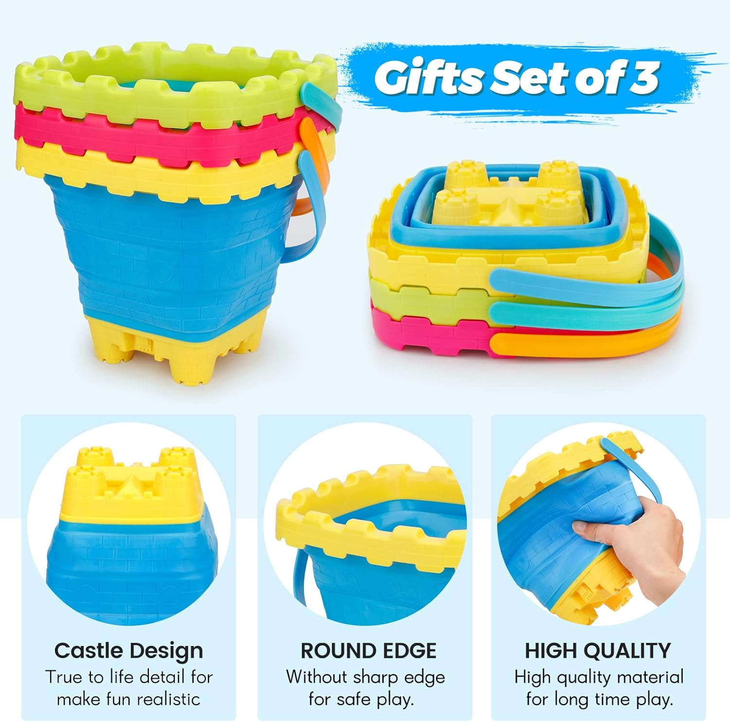 3L Collapsible Bucket, Foldable Pails 3 Packs for Easter Basket Gift, Easter Basket Bucket for Kids Adults, Multi-Use Household Beach Sandbox Pool Cleaning Camping Buckets Travel Toy image number 6